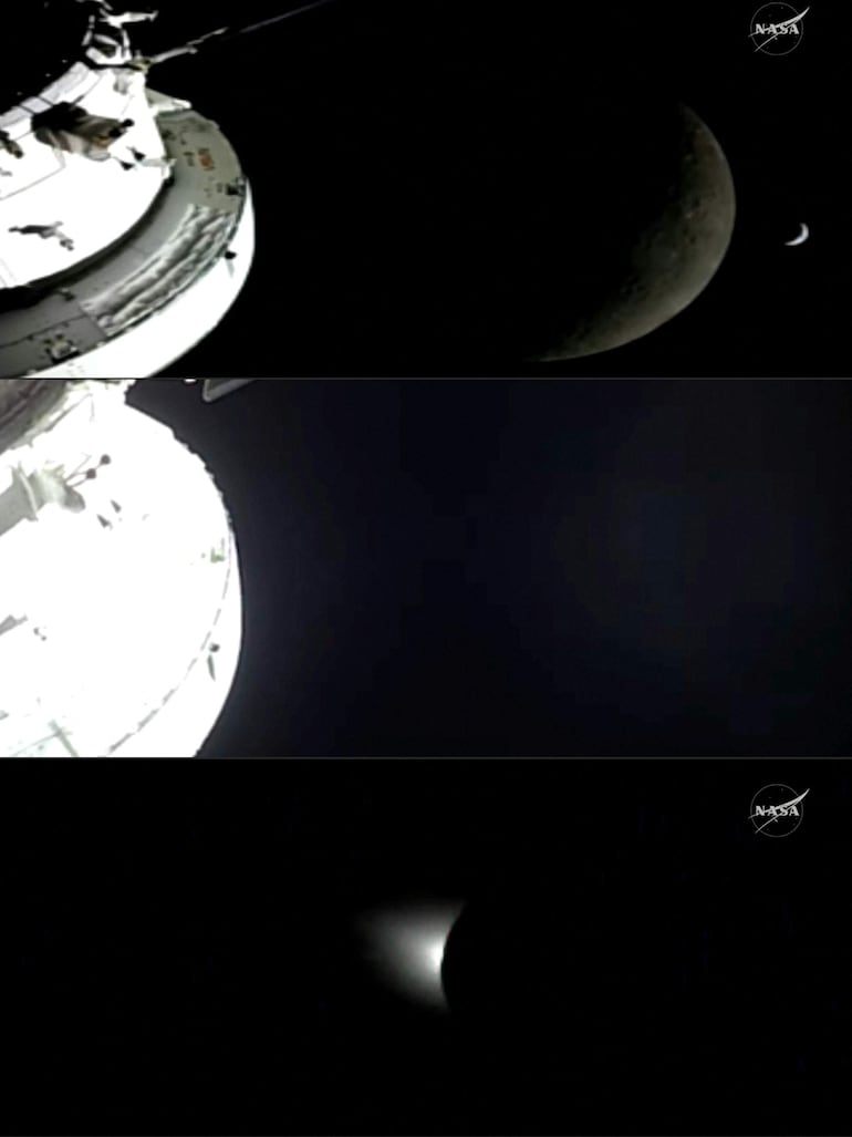 Esta combinación de imágenes, creada a partir de capturas de pantalla de una transmisión en vivo de la NASA el 6 de abril de 2026, muestra la vista de la Luna desde la nave espacial Orion mientras orbita a su alrededor ese mismo día.