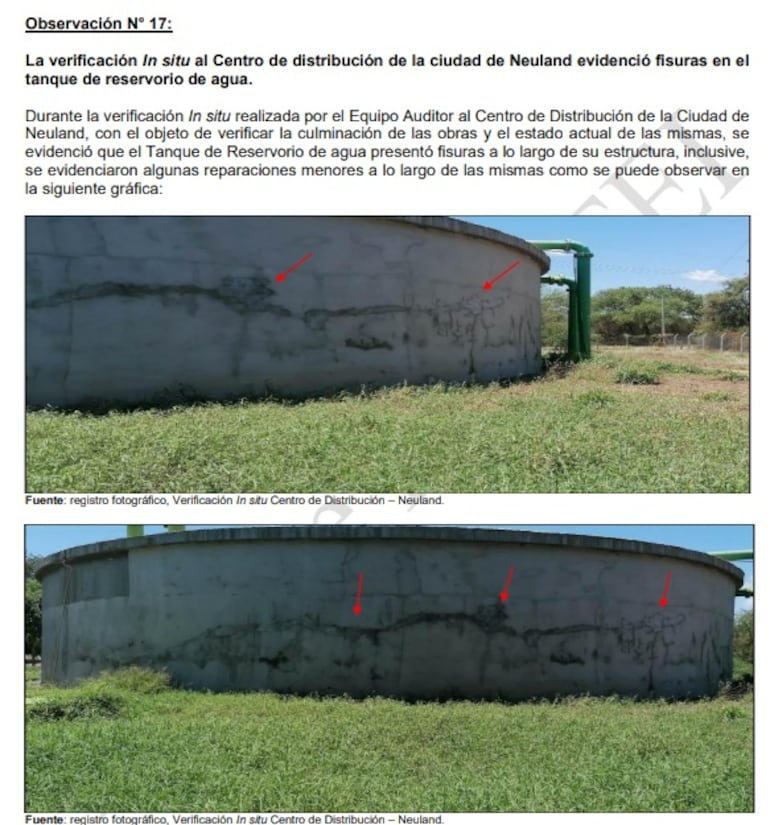La CGR resaltó que el tanque de almacenamiento de agua en Neuland presentaba fisuras.