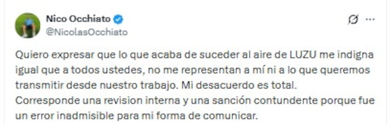 Posteo de Nico Occhiato sobre el papelón en el programa el Show del Verano.