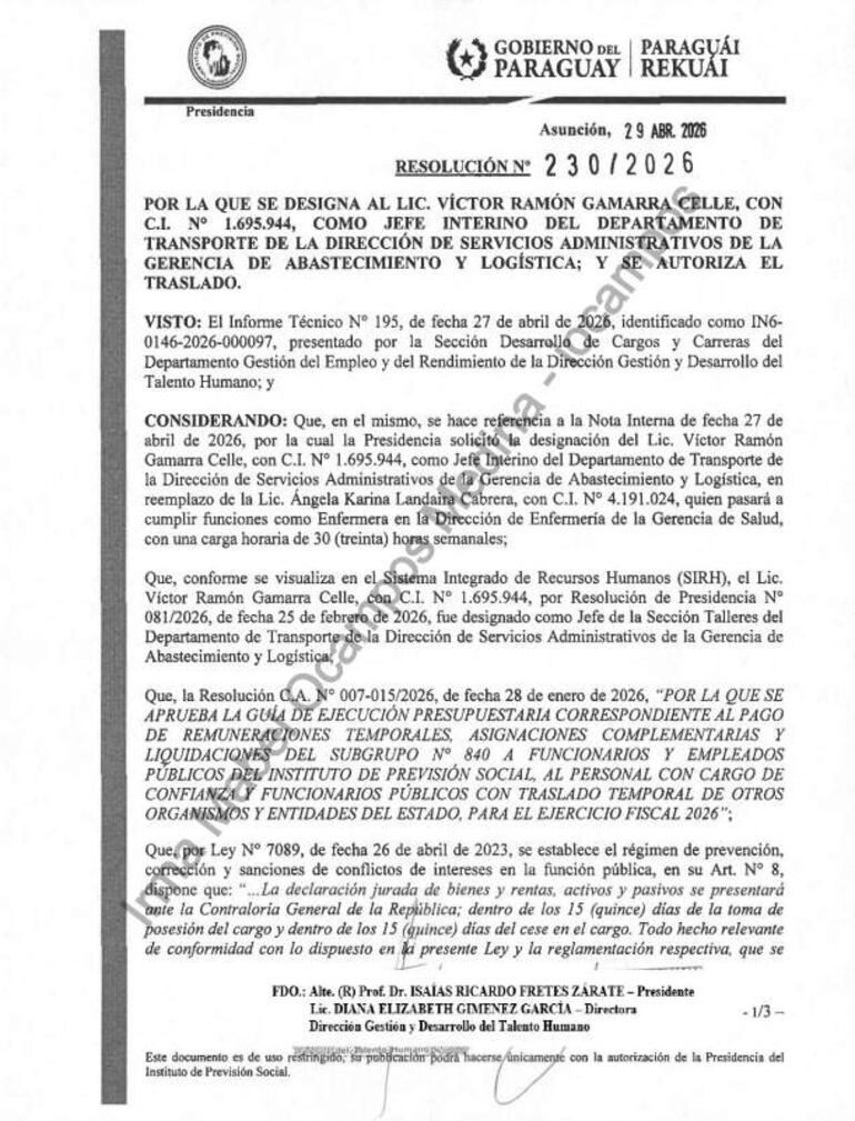 Texto oficial que designa a Víctor Gamarra como jefe interino del Departamento de Transporte, sin personas visibles.