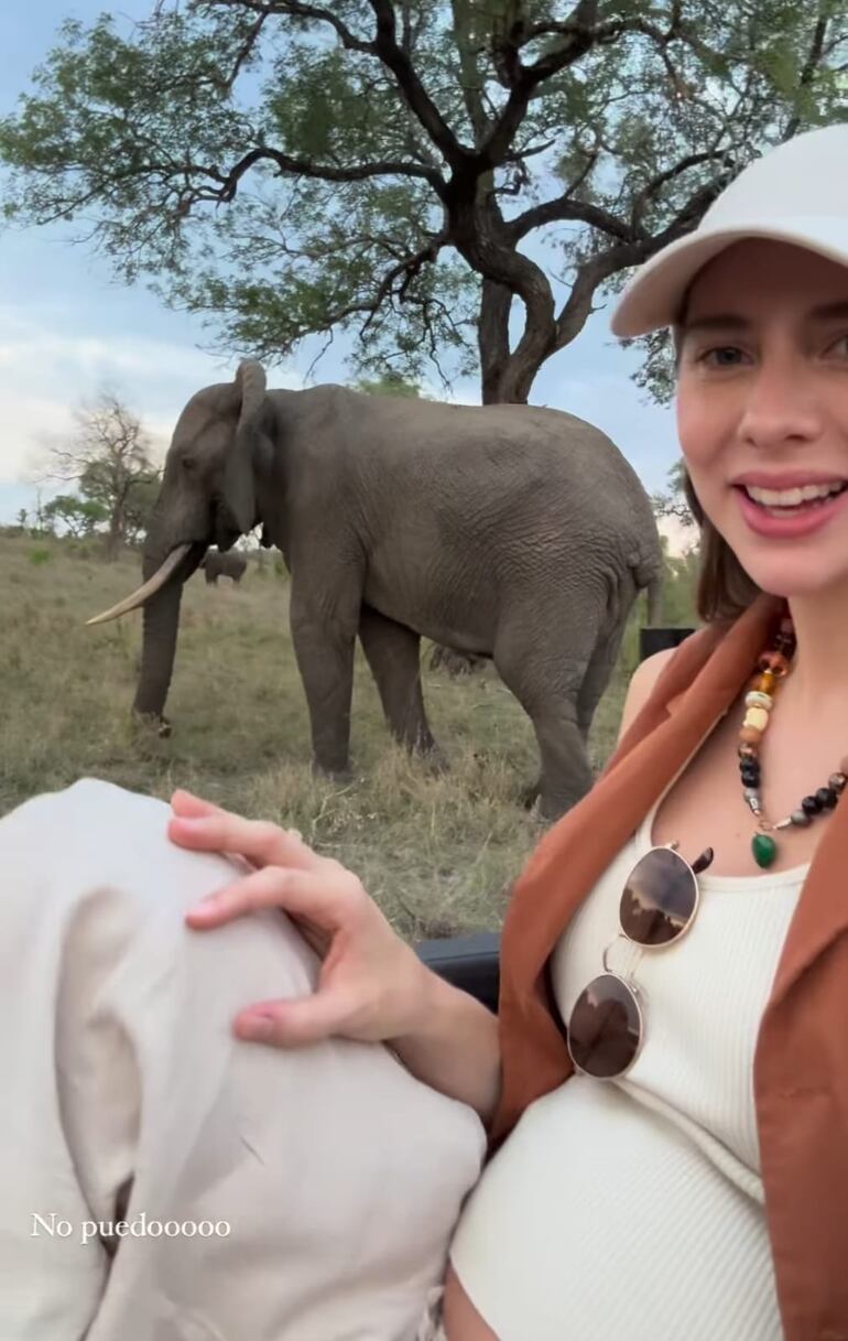 En esta imagen se ve a Gaby Cogorno con su  incipiente pancita, disfrutando del safari sudafricano. (Captura de la historia de Instagram de Gaby Cogorno)