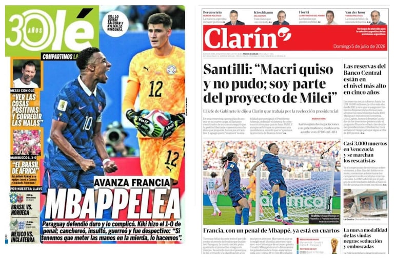 Los principales diarios del mundo se hicieron eco de la ajustada victoria francesa por 1-0 en los octavos de final del Mundial 2026. El diario Olé, de Argentina, ilustró su portada con una fotografía de Mbappé junto al arquero paraguayo Rodrigo Gill bajo el picante juego de palabras “Mbappelea”. Por su lado, Clarín, de Argentina, tituló “Francia, con un penal de Mbappé ya está en cuartos”.
