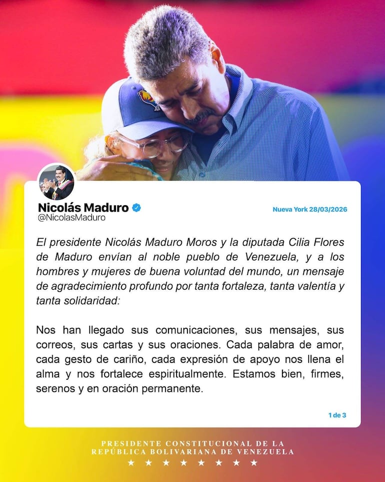 Fotografía tomada de la cuenta en X @NicolasMaduro del presidente derrocado de Venezuela Nicolás Maduro que muestra un mensaje publicado en su red social personal.