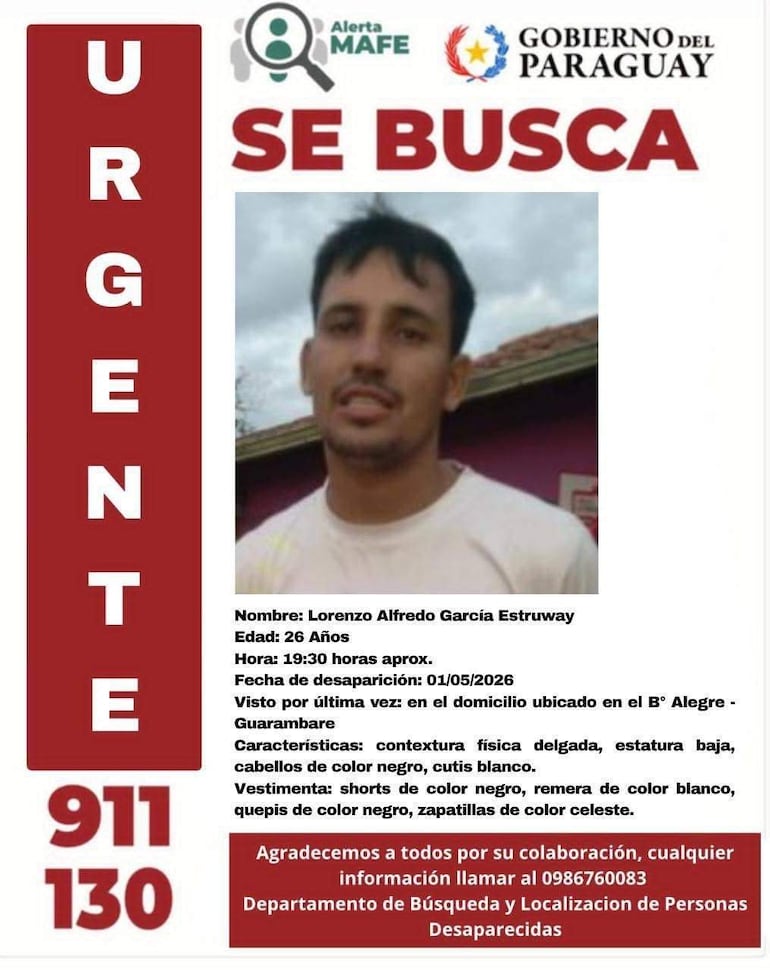 Cartel de búsqueda de Lorenzo Alfredo García Estruway con su fotografía y detalles de desaparición en fondo blanco.