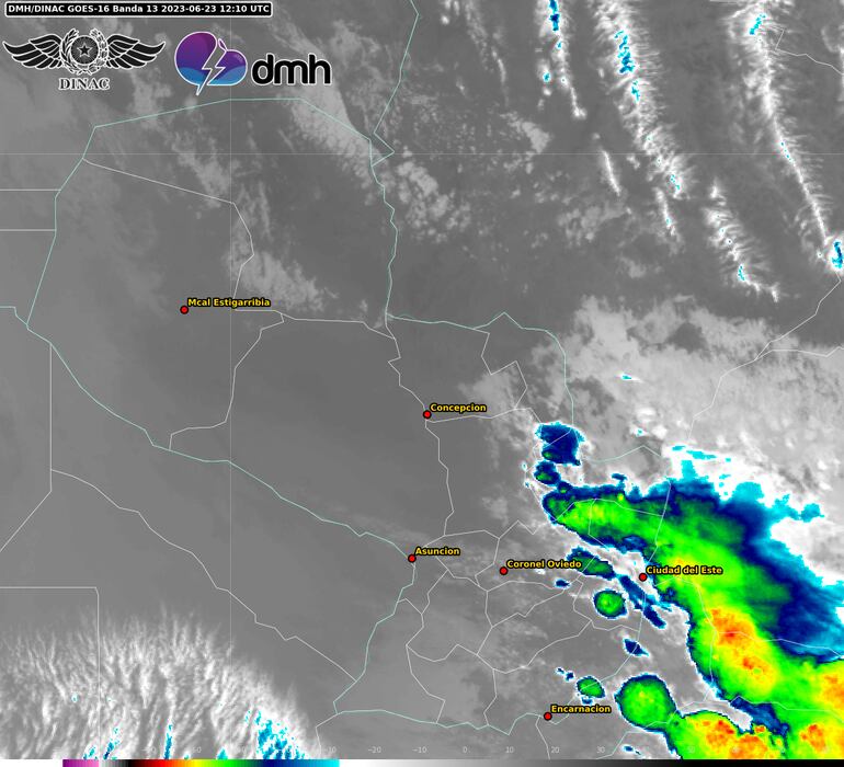 Mapa satelital de Meteorología que muestra la formación de los núcleos de tormenta.