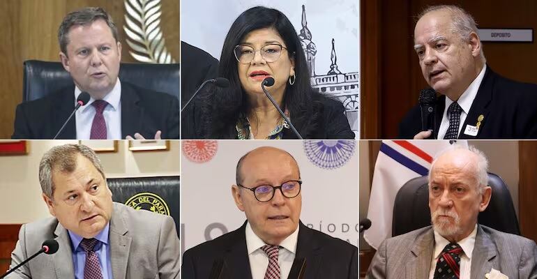 Ministros de la Corte que se reunieron en Secreto con Santiago peña.
Arriba: Alberto Martínez Simón, Carolina Llanes y Luis María Benítez.
Abajo: Eugenio Jiménez Rolón, Cesar Diesel y César Garay.