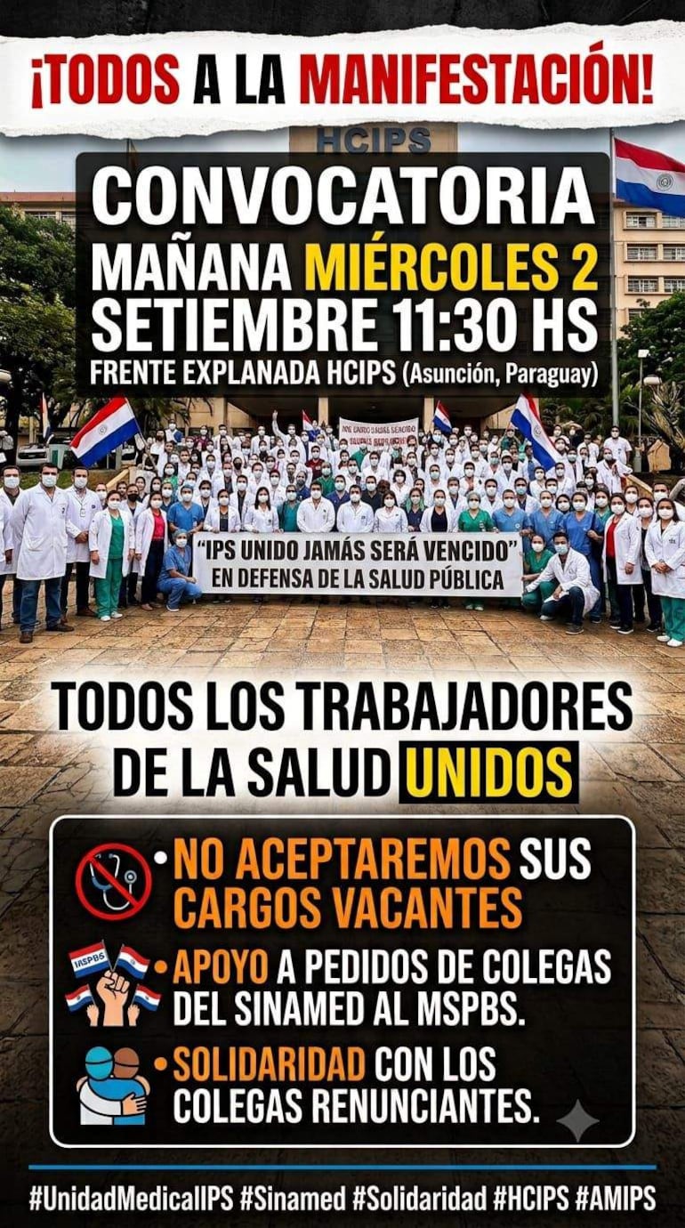 Cien trabajadores de salud con uniformes médicos y mascarillas sostienen pancarta frente al HCIPS, transmitiendo unidad y protesta.