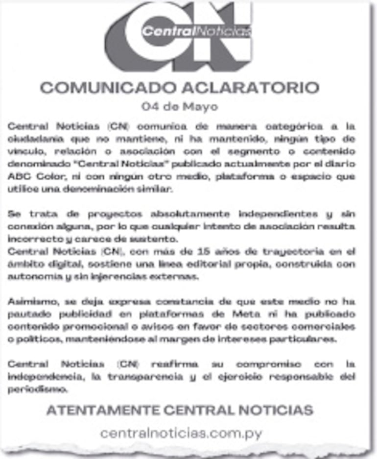 Central Noticias (oficial) niega relación con portal prooficialista.