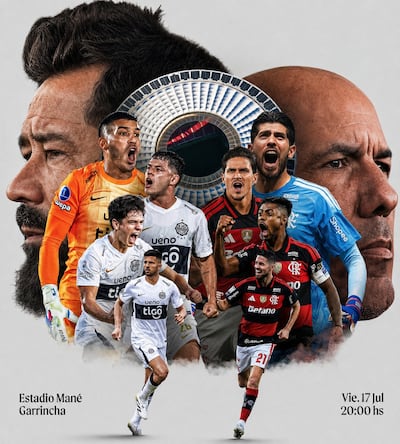 Composición gráfica realizada por el departamento de prensa del Olimpia, con vistas al duelo contra Flamengo, con los entrenadores Leonardo Jardim y Pablo "Vitamina" Sánchez, además de los futbolistas rubronegros Agustín Rossi, Pedro (el goleador reverencia), Bruno Henrique y Jorginho, además de los franjeados Gastón Olveira, Richard Sánchez, Eduardo Delmás y Mateo Gamarra.