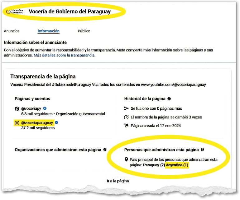 La página de la Vocería de Gobierno en Facebook revela que existe un administrador en Argentina.