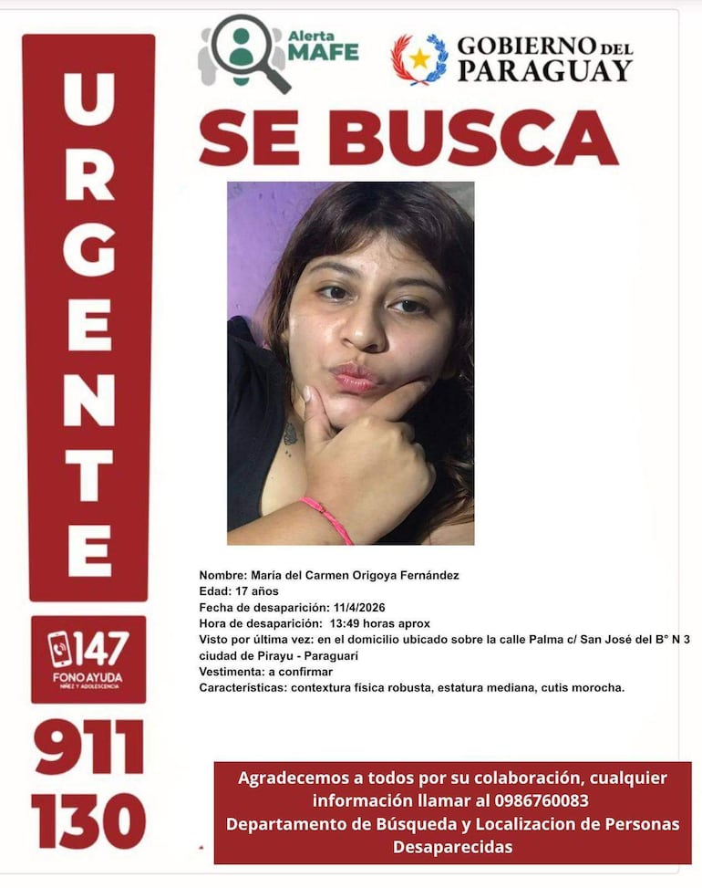 La Policía mantiene activa una alerta de búsqueda tras la desaparición de cuatro menores de edad reportados entre el 8 y el 11 de abril, en distintos puntos del país. Solicitan la colaboración ciudadana para dar con el paradero de los adolescentes y el niño, en el marco del protocolo Mafe, de búsqueda inmediata.