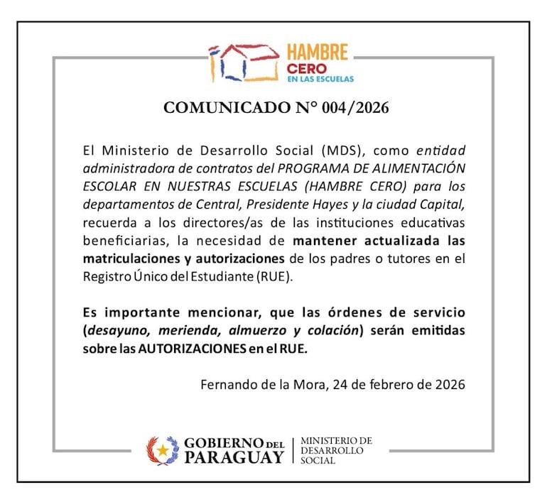 Comunicado del Ministerio de Desarrollo Social, sobre el RUE.