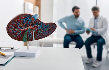Modelo anatómico hepático en la mesa del médico durante la consulta.