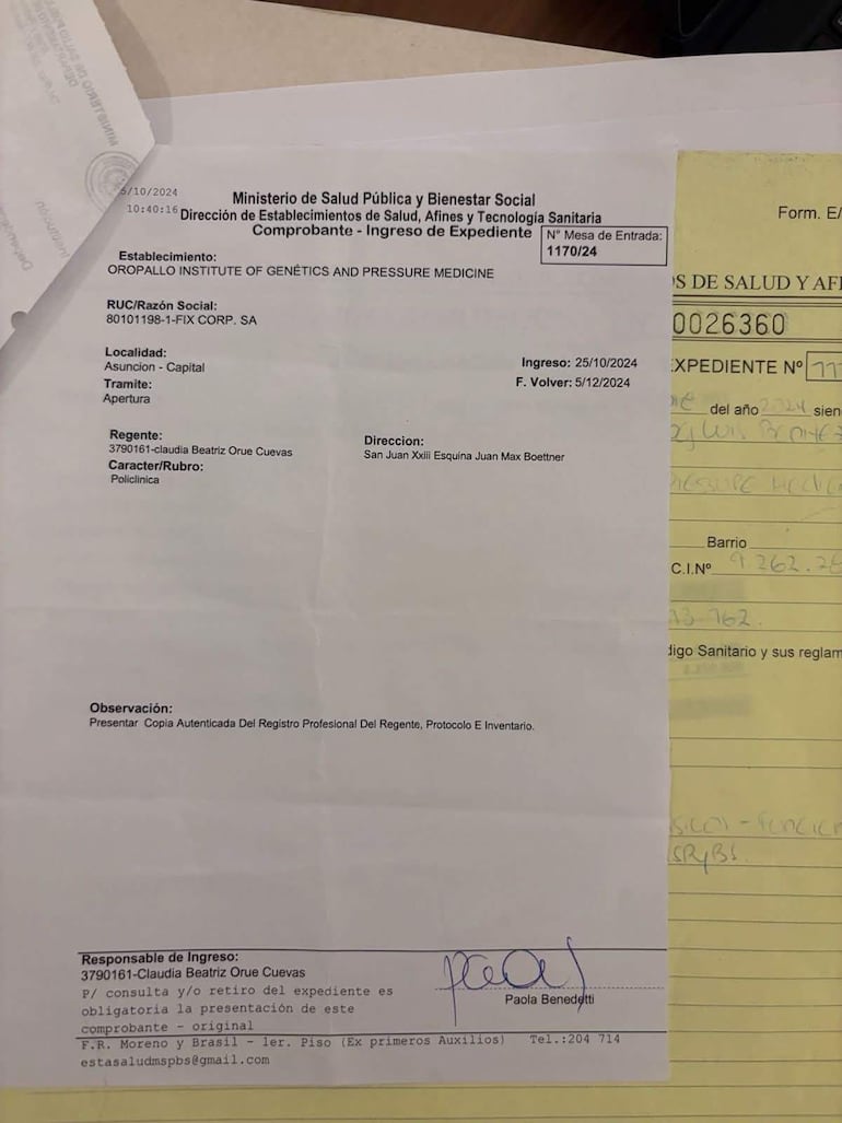 Documento oficial del Ministerio de Salud sobre expediente de Oropallo Institute of Genetics and Pressure Medicine.