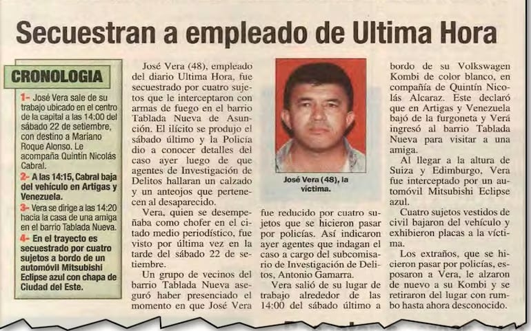 Publicación del diario ABC Color sobre el secuestro del chofer del diario Última Hora, José Vera, quien después sería encontrado muerto.