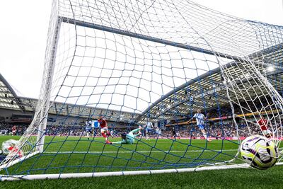 Nottingham Forest's Paraguayan defender #24 Ramon Sosa scores the team's second goal during the English Premier League football match between Brighton and Hove Albion and Nottingham Forest at the American Express Community Stadium in Brighton, southern England on September 22, 2024. (Photo by JUSTIN TALLIS / AFP) / RESTRICTED TO EDITORIAL USE. No use with unauthorized audio, video, data, fixture lists, club/league logos or 'live' services. Online in-match use limited to 120 images. An additional 40 images may be used in extra time. No video emulation. Social media in-match use limited to 120 images. An additional 40 images may be used in extra time. No use in betting publications, games or single club/league/player publications. / 