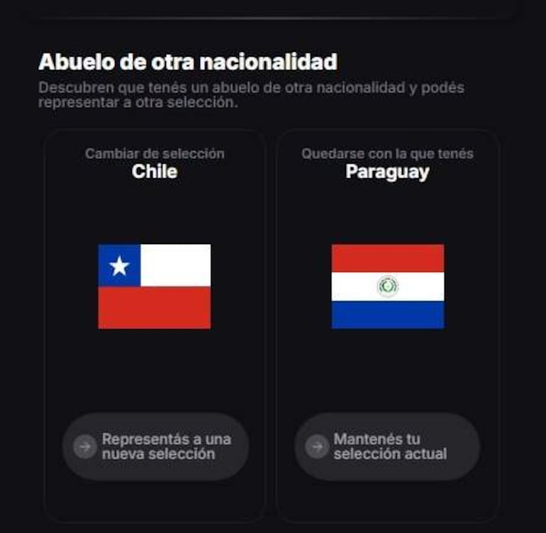 Interfaz digital con banderas de Chile y Paraguay, texto sobre elecciones de nacionalidad. Sin personas visibles.