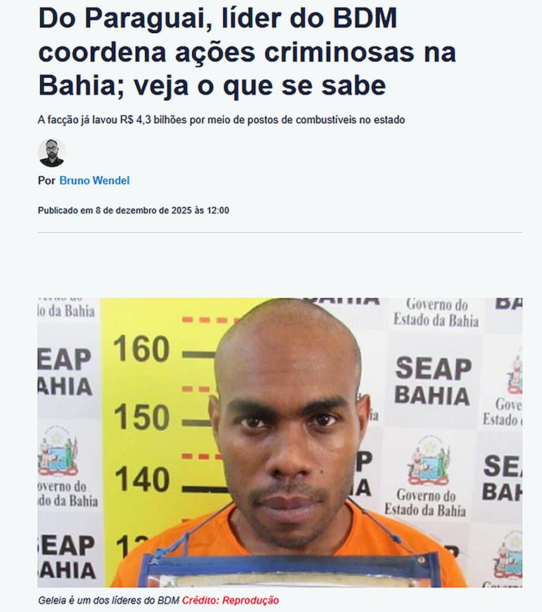 Publicaciones de medios brasileños como Correio, revelan que Fabio Souza Santos estaría coordinando acciones desde Paraguay.