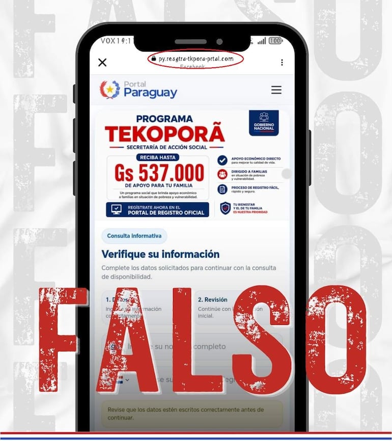 Pantalla de teléfono móvil con información del Programa Tekoporã, incluyendo alerta sobre posible fraude en subsidios.