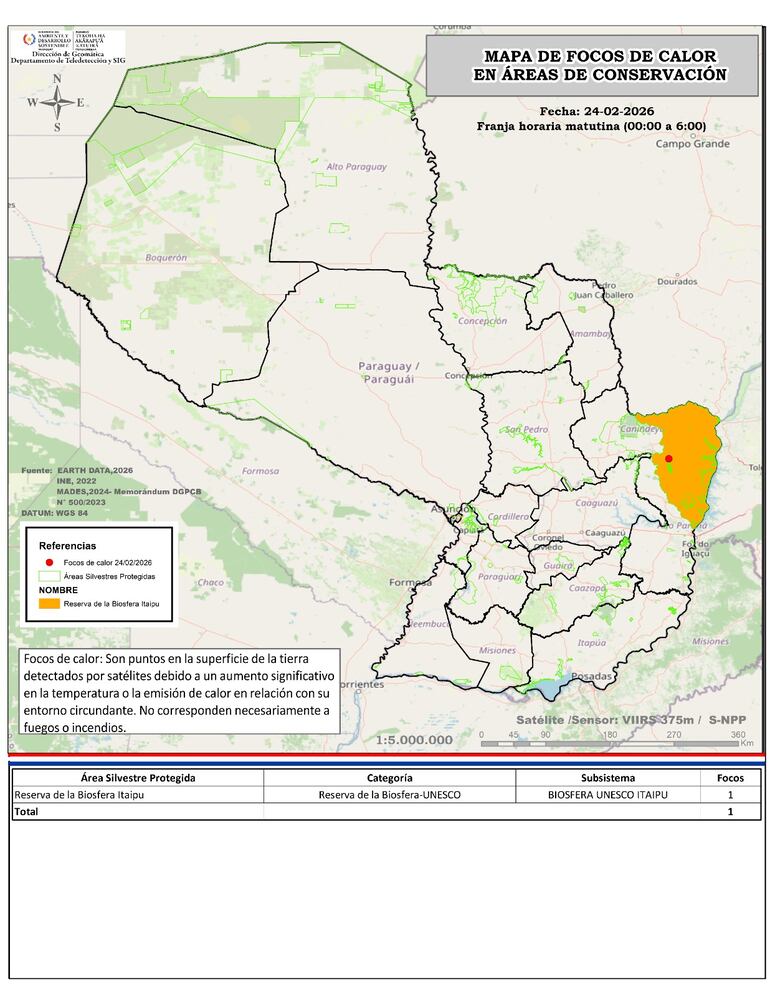 Mapa de puntos de calor en áreas protegidas del MADES.