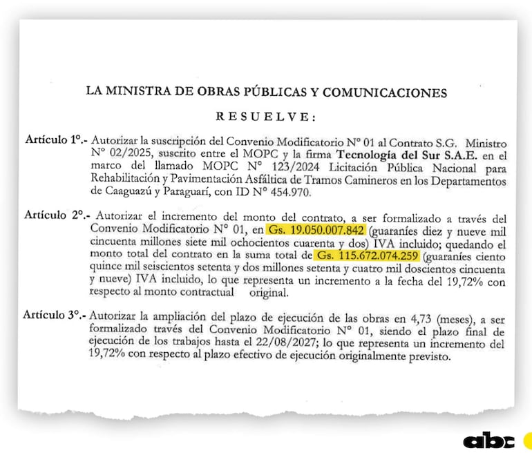 Documento oficial con texto sobre autorización de incremento de contrato, sin imágenes de personas o eventos visibles.