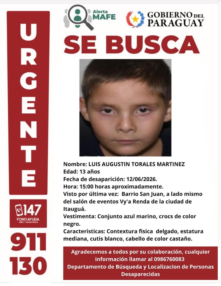 Luis Augustin Torales, adolescente desaparecido en Itauguá.