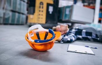 Hombre rubio, en camisa de cuadros, yace en el suelo con un casco naranja cerca, en un ambiente de trabajo de almacén.