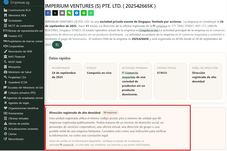 La página www.companies.sg alerta sobre la posibilidad de tratarse de una empresa fantasma.