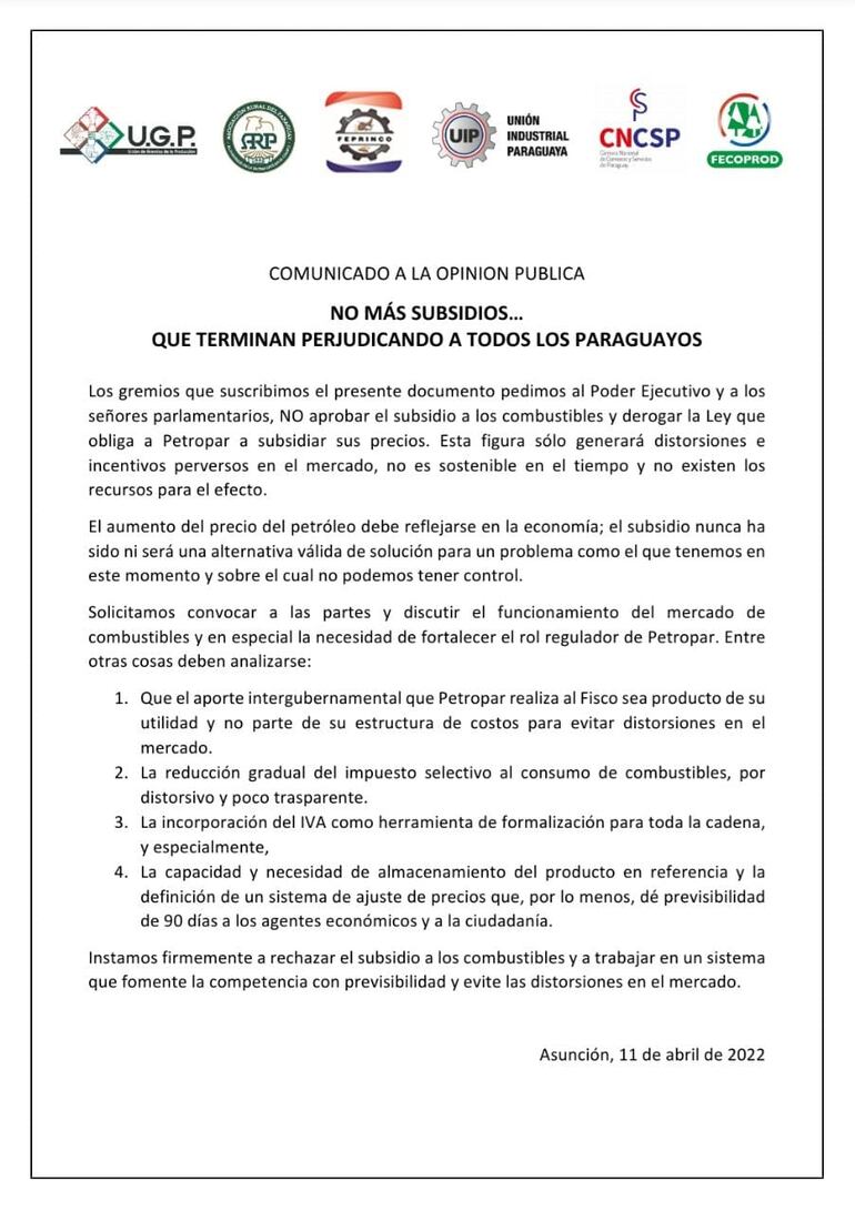 Comunicado de los gremios sobre ley de subsidio a los combustibles de Petropar