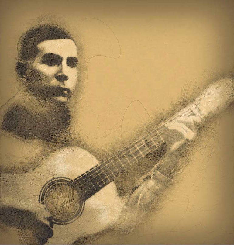 Hombre con guitarra en tonos sepia, expresión seria y concentrada, fondo neutro que resalta su figura.