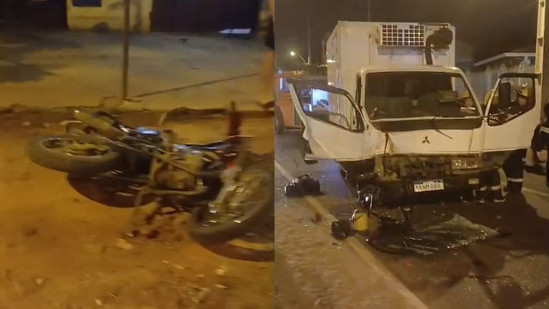 Estado en el que quedaron la motocicleta y el camión luego del violento impacto