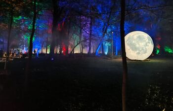 La luna y los árboles iluminados con luces de colores, en un tramo del recorrido que ofrece "Aura Lumina" en el Parque Seminario.