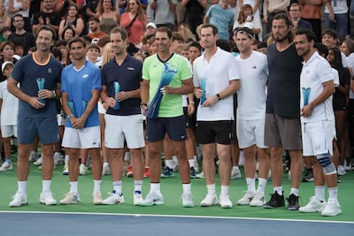 Carlos Moyá (izquierda), Davis Ferrer, Richard Gasquet, Rafael Nadal, Andy Murray, Dominic Thiem, Marat Safin y Fabio Fognini fueron protagonistas de la nostálgica jornada de tenis en España.