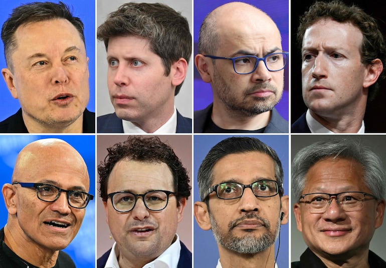 Elon Musk, el director ejecutivo de OpenAI, Sam Altman; el cofundador y presidente de DeepMind, Demis Hassabis; el director ejecutivo de Meta, Mark Zuckerberg; el director ejecutivo de Microsoft, Satya Nadella; el director ejecutivo de Anthropic, Dario Amodei; el director ejecutivo de Google, Sundar Pichai y el director ejecutivo de Nvidia, Jensen Huang.