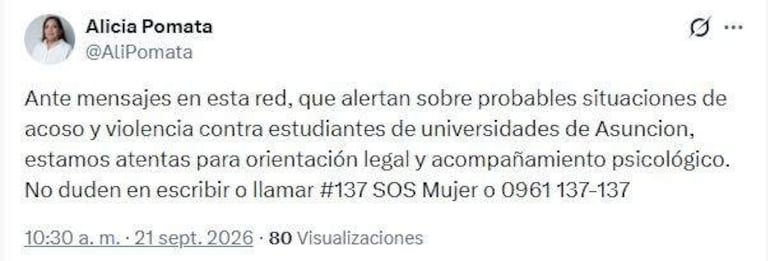 Mensaje de la ministra de la Mujer, Alicia Pomata, tras las denuncias de violencia de género en la UNA.