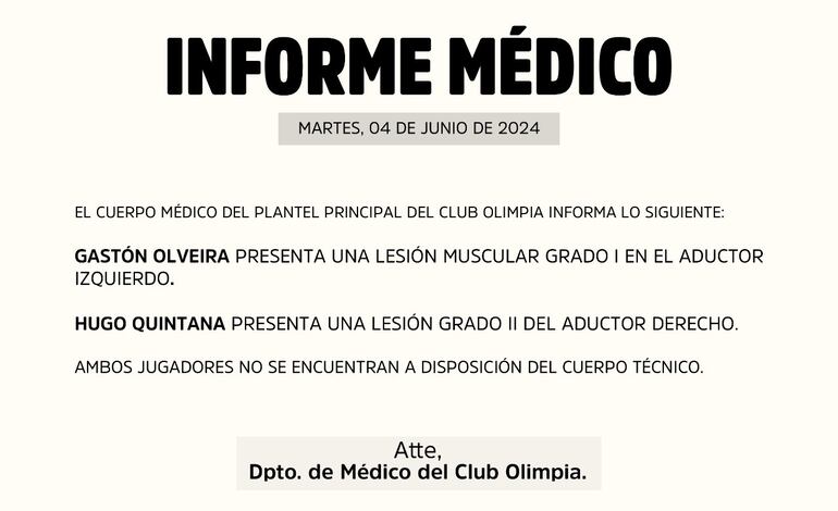 El informe médico de Olimpia sobre Gastón Olveira.