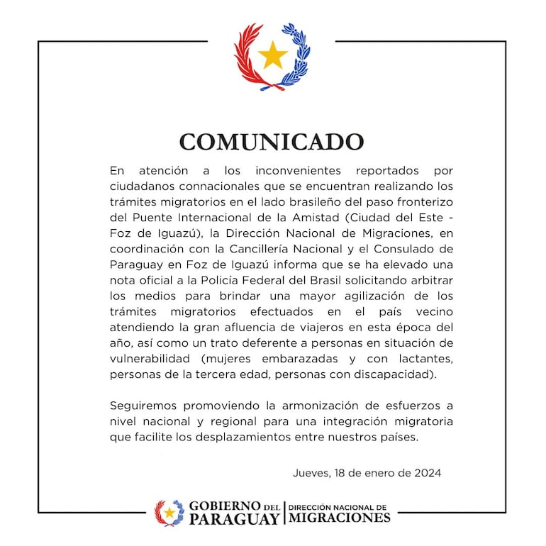 Comunicado de Migraciones con respecto al reclamo de los paraguayos en el cruce fronterizo de Foz de Iguazú.