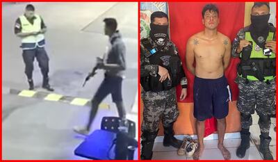 A la izquierda, Ángel Caballero León, alias Largo, humillando con un arma en mano a un policía recién egresado. A la derecha, el mismo sujeto, custodiado por policías del Grupo Lince que lo capturaron.