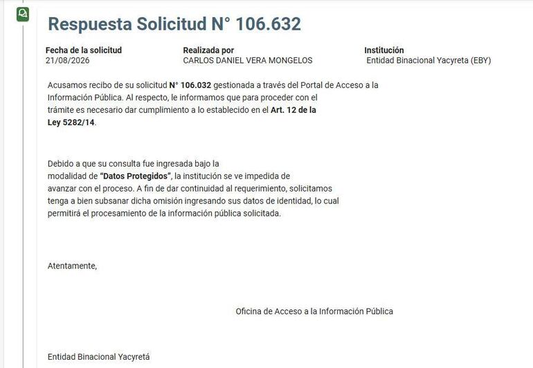 Yacyretá traba acceso a la información pública pese a dictámenes del Ministerio de Justicia y el Mitic respecto a la validez de la Identidad Electrónica.