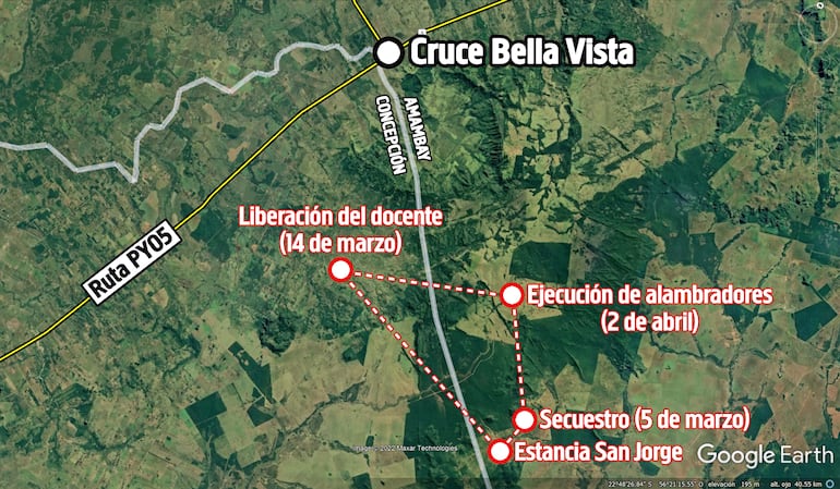 Circuito entre los puntos del triple secuestro, la doble ejecución y la liberación del docente.