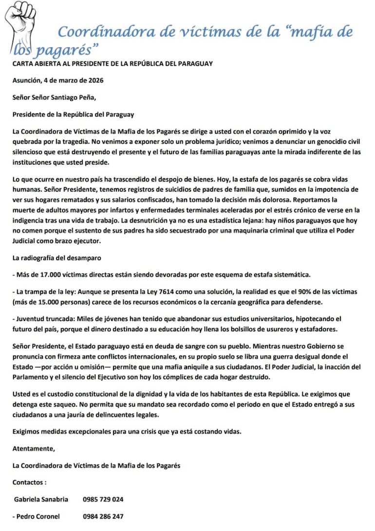 Víctimas de la mafia de los pagarés denuncian “genocidio civil” en carta a Santiago Peña