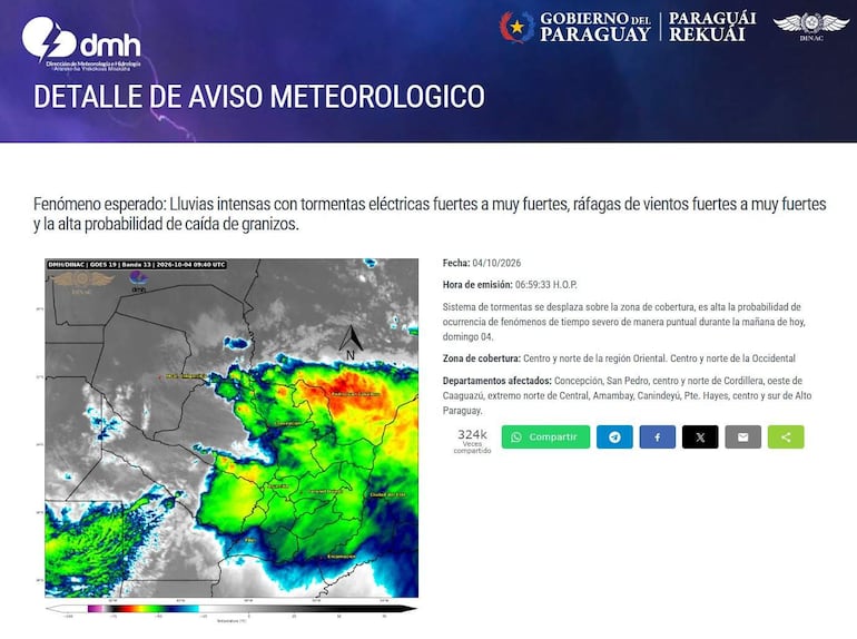 Aviso meteorológico del Gobierno del Paraguay sobre lluvias intensas y tormentas eléctricas, sin personas visibles en la imagen.