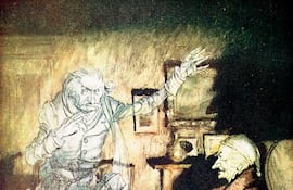Ebenezer Scrooge y el fantasma de Marley en una ilustración de Arthur Rackham (1867-1939) para el relato de Dickens A Christmas Carol (Cuento de Navidad).