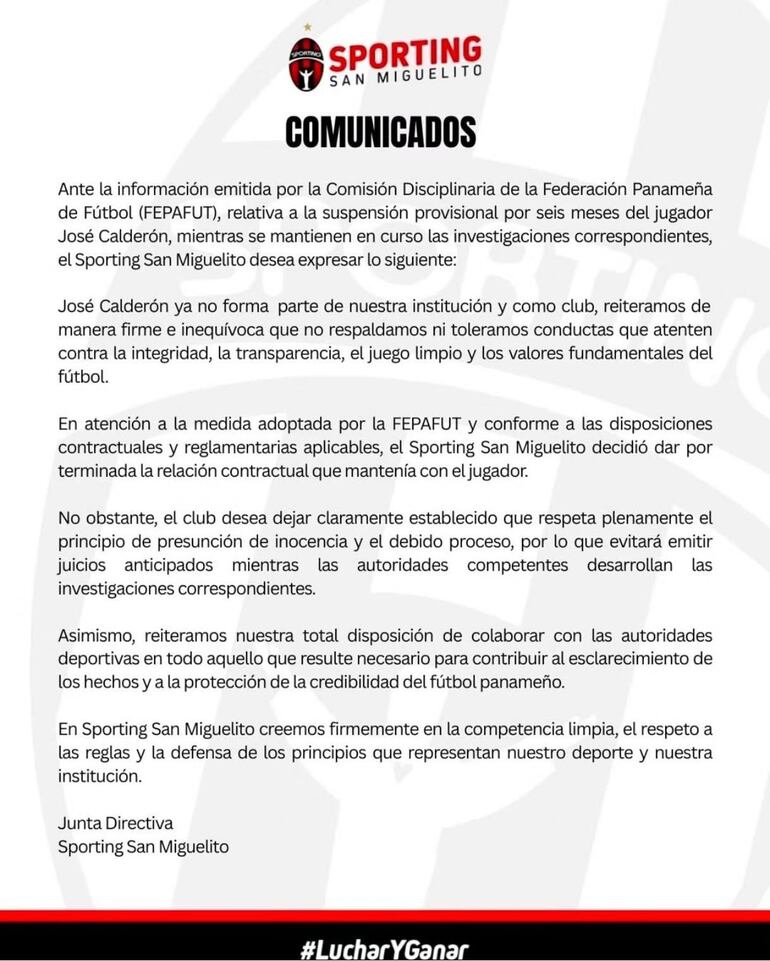 Comunicado de Sporting San Miguelito