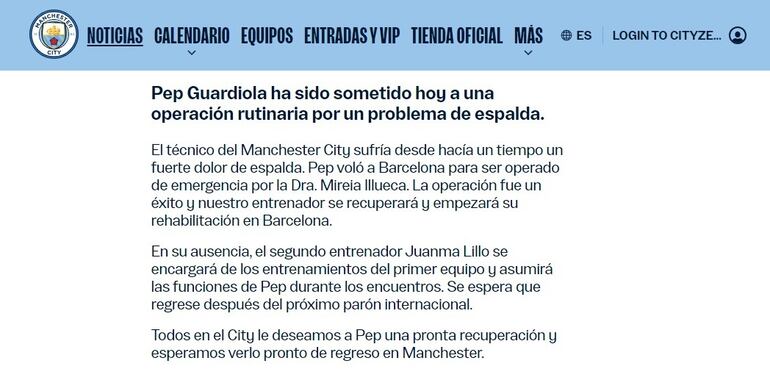 El comunicado del Manchester City por la operación de Pep Guardiola.