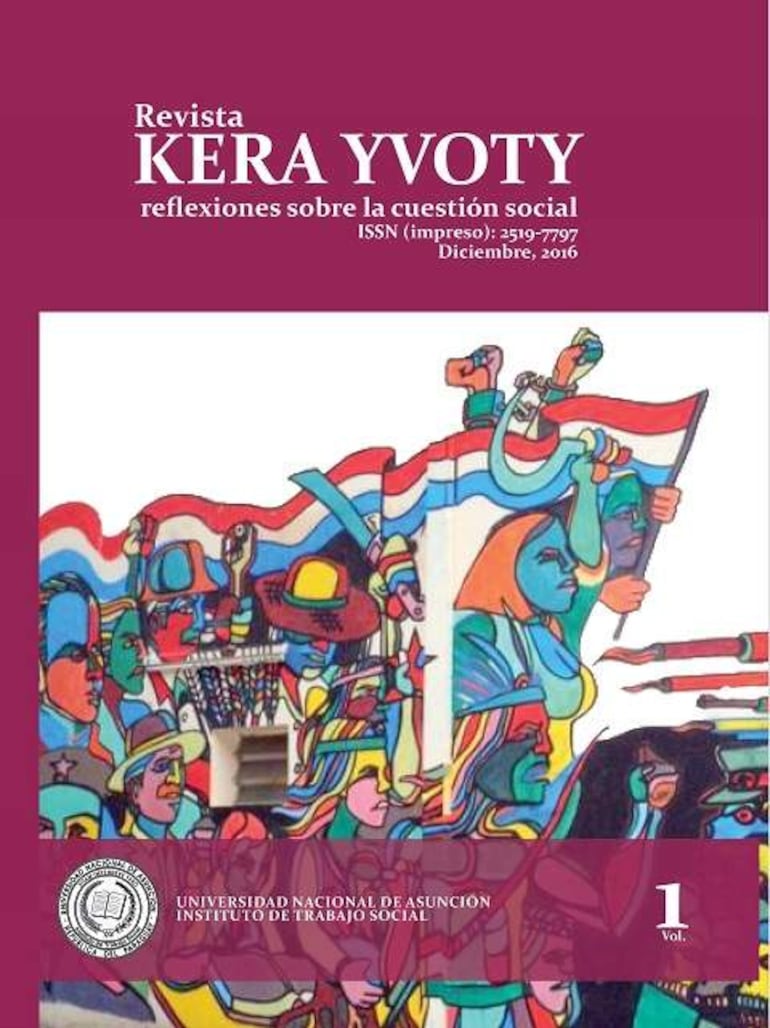Portada de la revista Kera Yvoty con figuras humanas sosteniendo banderas paraguayas y un diseño artístico colorido.