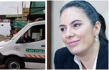 Un móvil de Tape Porã en un puesto de peaje y la ministra de obras Claudia Centurión.