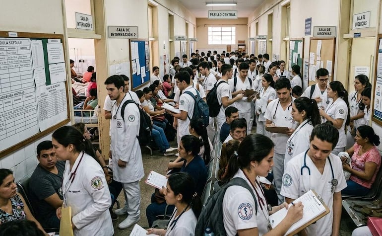 Recreación de estudiantes que saturan la atención en un hospital público.