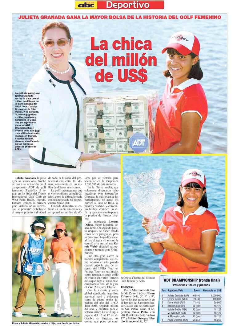 Contraportada de nuestro Suplemento Deportivo del 20 de noviembre de 2006 en ocasión del triunfo de la golfista Julieta Granada.