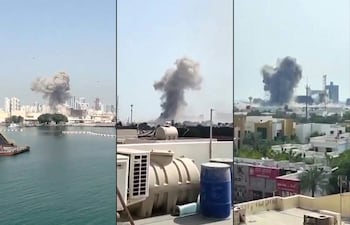 TOPSHOT - (COMBO) This combination of video grabs created on February 28, 2026 and taken from UGC images posted on social media on the same day and verified by AFPTV teams in Paris, shows show the moment of a strike on a US base in Bahrain. A centre for the US Fifth Fleet headquarters in Bahrain has been hit in a "missile attack", Bahrain said on February 28, as Iran vowed retaliation following US and Israeli strikes. (Photo by UGC / AFP) / - Israel OUT / RESTRICTED TO EDITORIAL USE - MANDATORY CREDIT AFP - SOURCE: UGC / UNKNOWN - DISTRIBUTED AS A SERVICE TO CLIENTS - NO RESALE - NO ACCESS ISRAEL MEDIA/PERSIAN LANGUAGE TV STATIONS OUTSIDE IRAN/ STRICTLY NO ACCESS BBC PERSIAN/ VOA PERSIAN/ MANOTO-1 TV/ IRAN INTERNATIONAL/RADIO FARDA - AFP IS NOT RESPONSIBLE FOR ANY DIGITAL ALTERATIONS TO THE PICTURE'S EDITORIAL CONTENT /